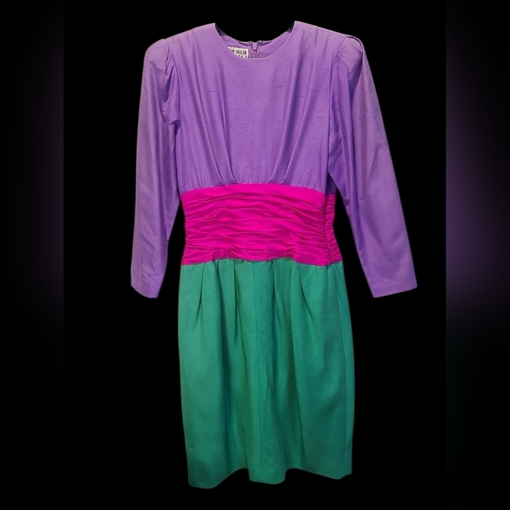 Ronnie Heller MJ Vintage Purple, Pink, and Green 100% Silk Dress Size 8